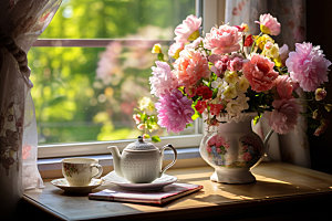 桌上鲜花装饰花艺摄影图