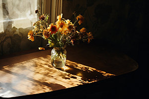 桌上鲜花布置家居摄影图