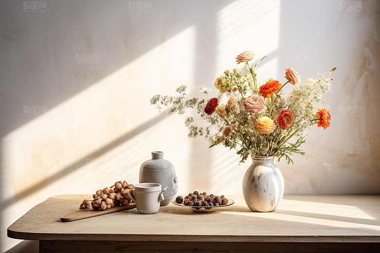 桌上鲜花唯美插花摄影图