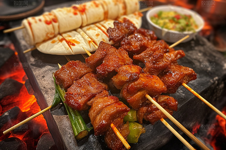 淄博烧烤卷饼烤肉摄影图