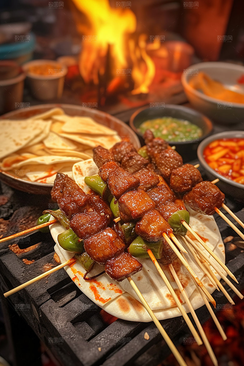 淄博烧烤卷饼烤肉摄影图